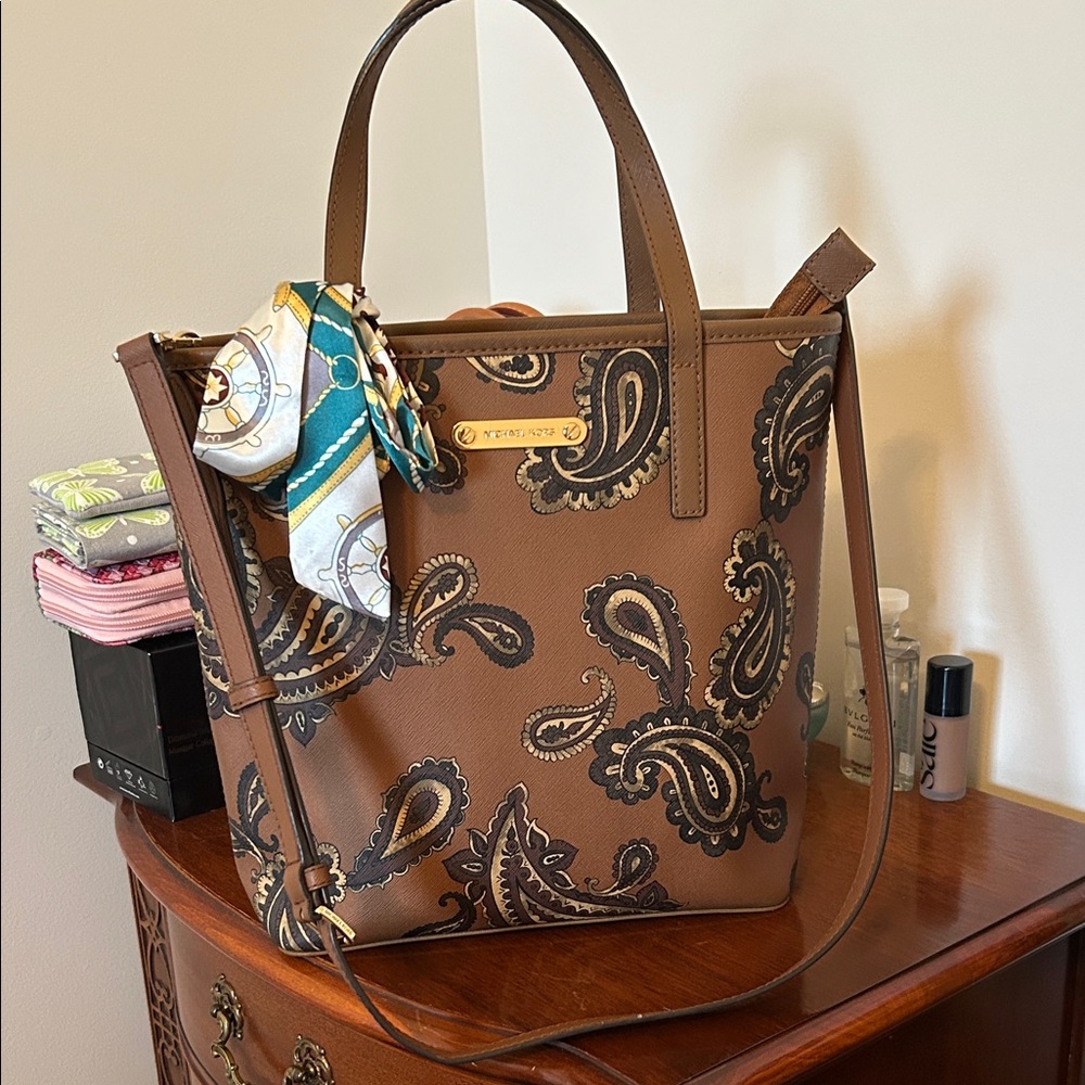 Michael Kors Brown Paisley Tote with Scarf Accent